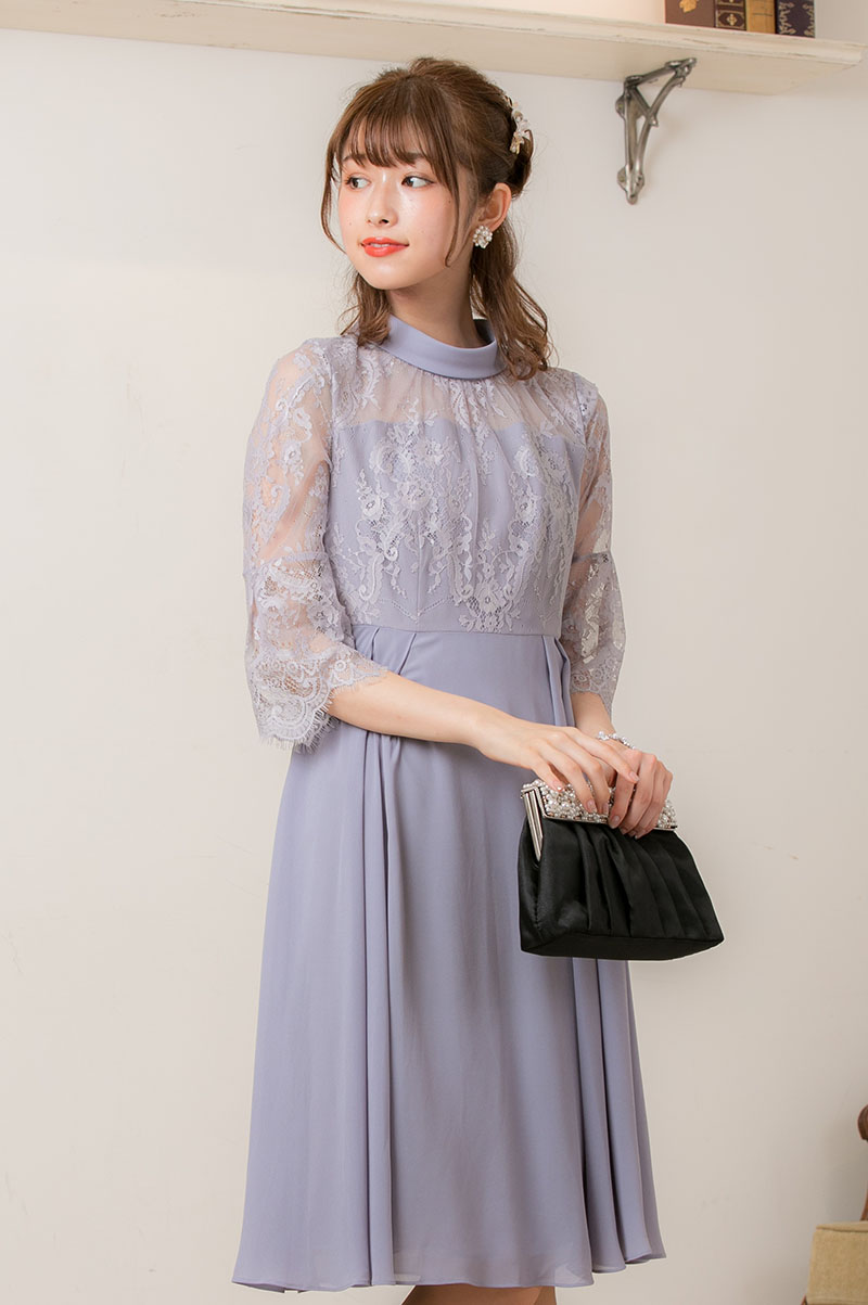 ブルーグレーのロールカラーフレアスリーブドレスの商品画像2