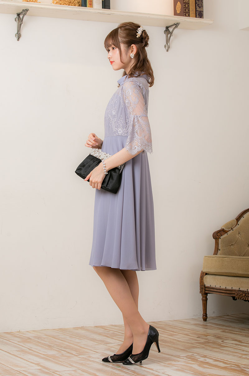 ブルーグレーのロールカラーフレアスリーブドレスの商品画像3