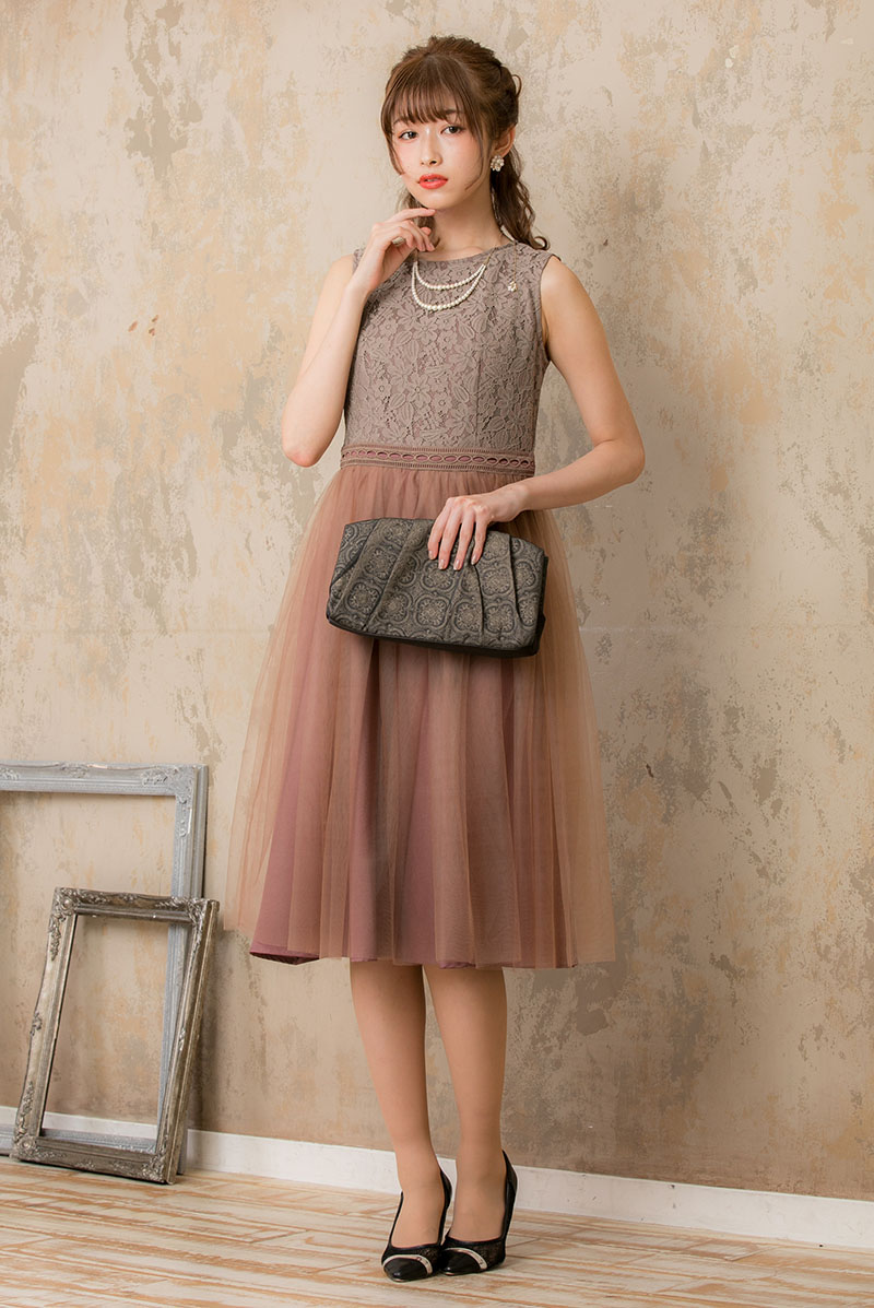 ピンクブラウンのチュールスカートドレスの商品画像1