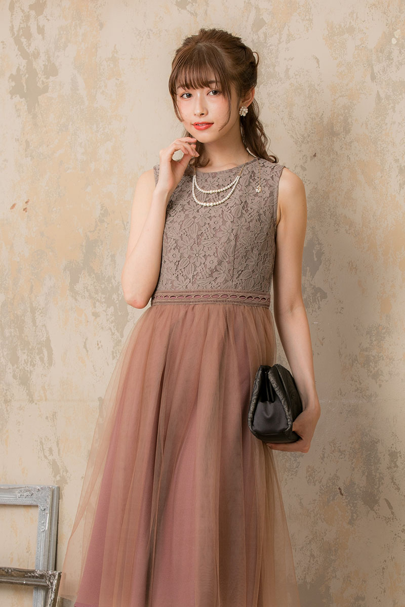 ピンクブラウンのチュールスカートドレスの商品画像2