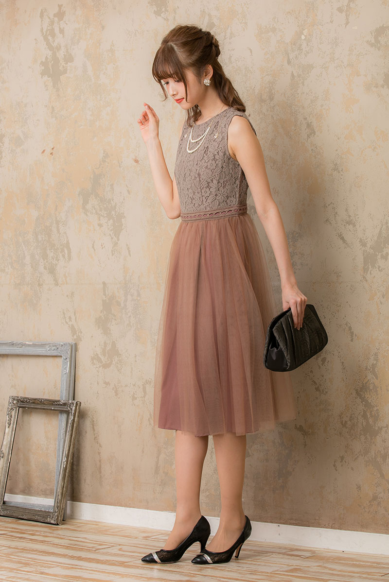 ピンクブラウンのチュールスカートドレスの商品画像3