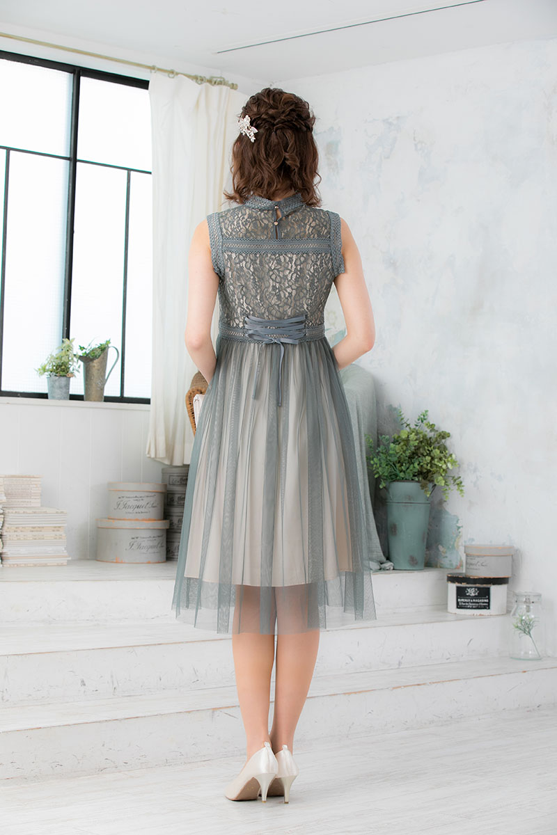 カーキ×ベージュのチュールスカートドレスの商品画像4