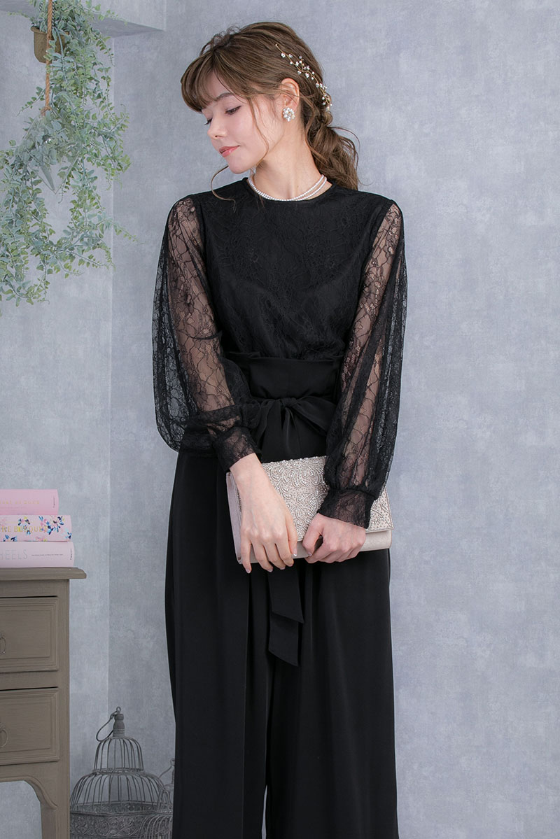 ブラックの長袖レースパンツドレスの商品画像2