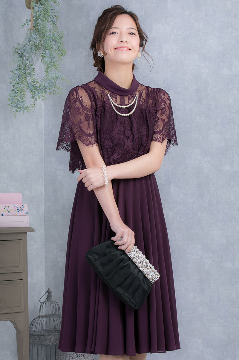 パープルのロールカラー袖つきドレスの商品画像2