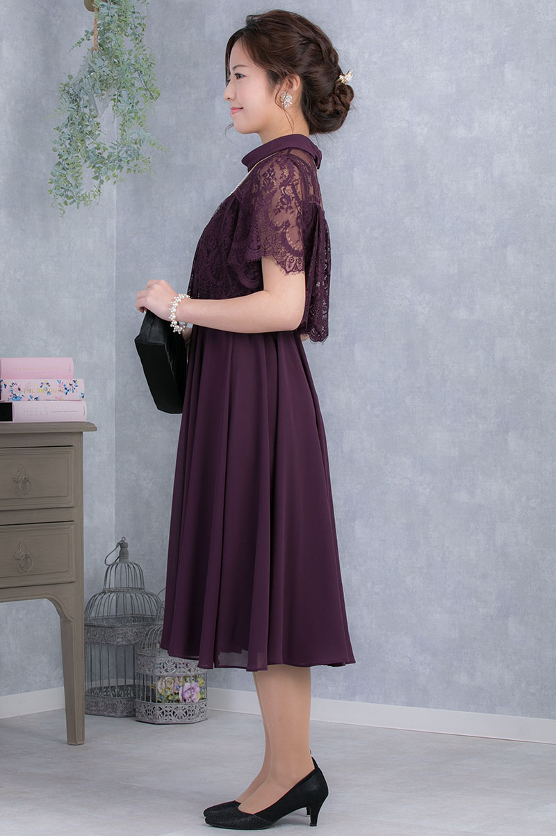 パープルのロールカラー袖つきドレスの商品画像3