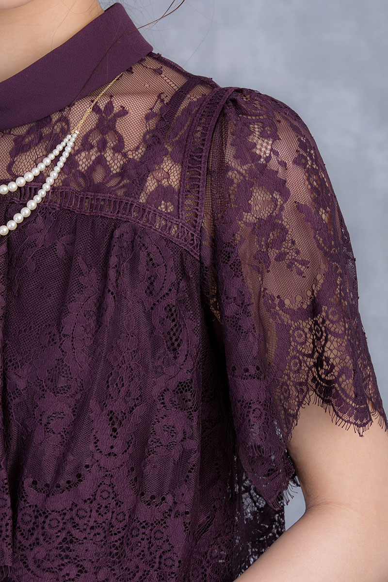 パープルのロールカラー袖つきドレスの商品画像5