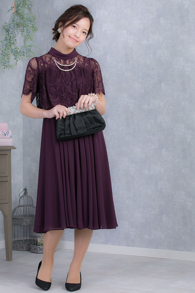 パープルのロールカラー袖つきドレスの商品画像6