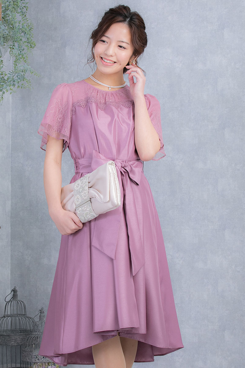 ピンクのレース×シャンタン袖つきドレスの商品画像2