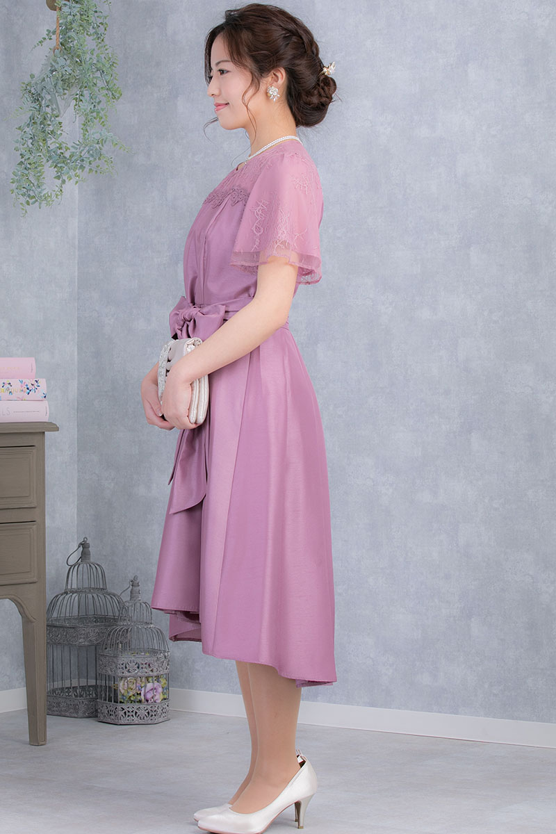 ピンクのレース×シャンタン袖つきドレスの商品画像3