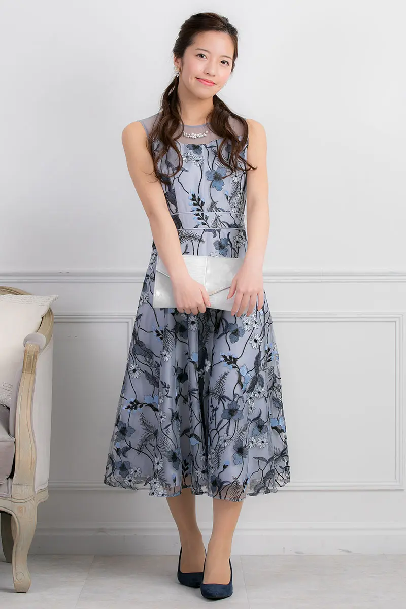 ブルーのフラワー刺繍レースドレス Dorry Doll S M 結婚式パーティーのレンタルドレスはリリアージュ