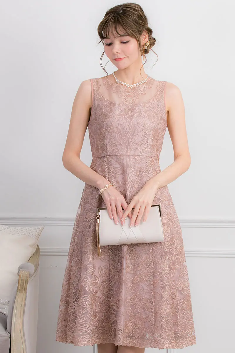 ピンクベージュのラメ刺繍レースドレス | Dorry doll | S～M | 結婚式
