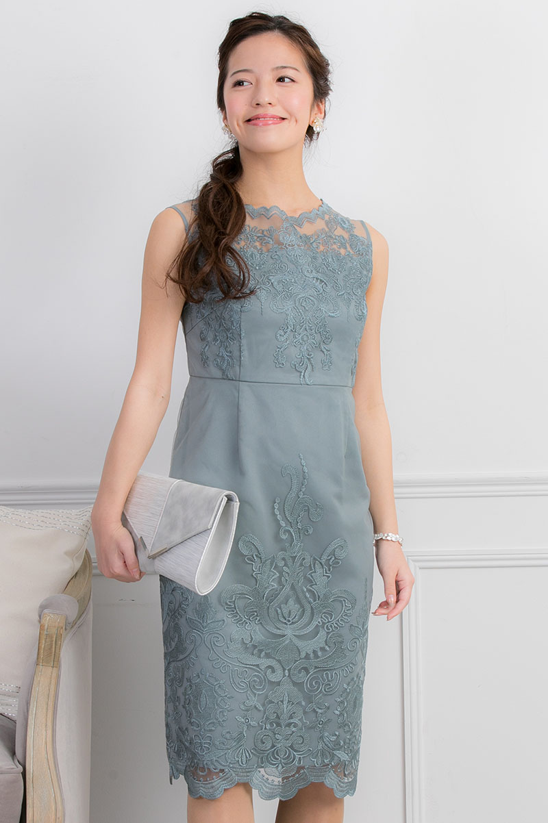 ミントグリーンのチュール刺繍タイトドレスの商品画像2