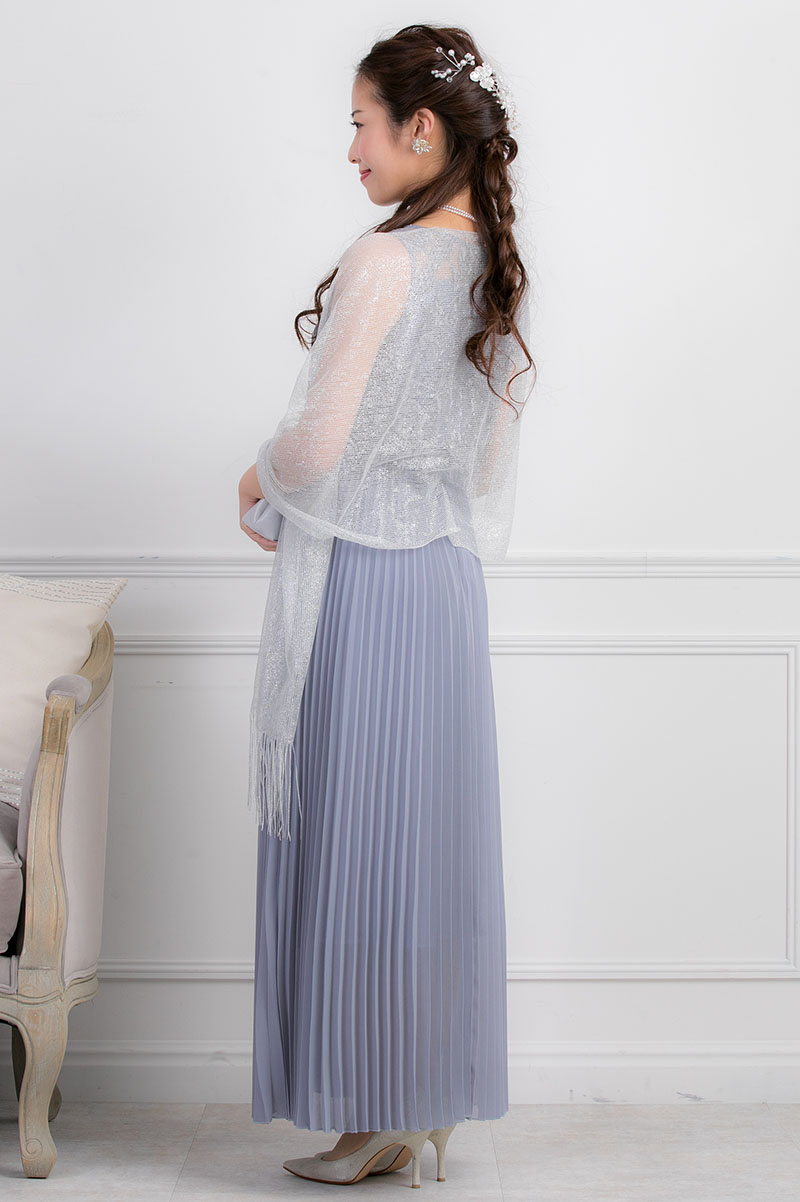 ブルーグレーのフラワーレースロングプリーツドレスの商品画像8