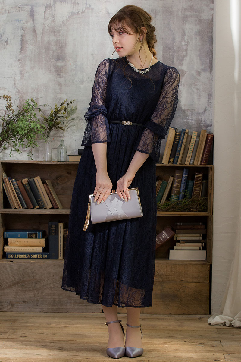 ネイビーの長袖総レースドレス M Brand Trattoria A 2264 M Size レンタルドレスのリリアージュ