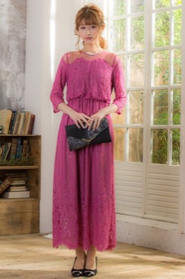 ピンクのチュール×パネルレースドレスのレンタルドレス