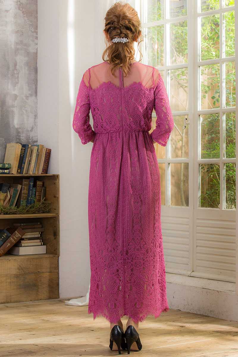 ピンクのチュール×パネルレースドレスの商品画像4