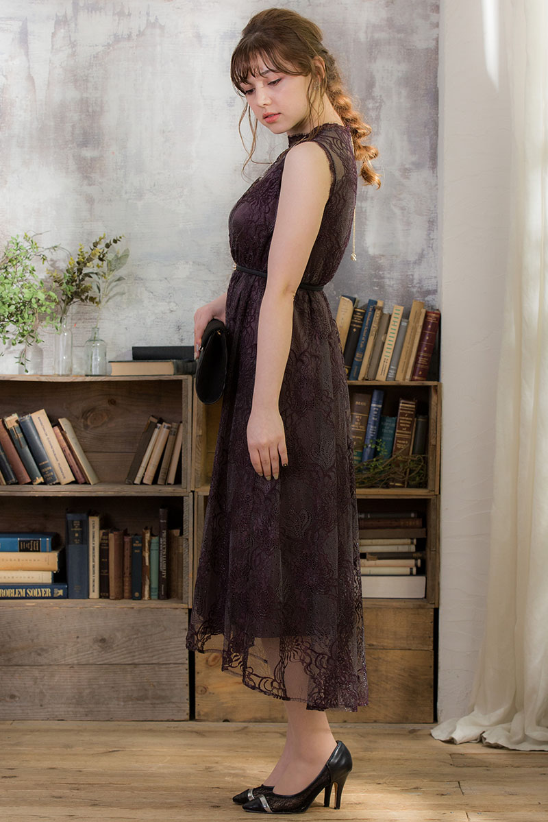 バーガンディの総ラメレースドレスの商品画像3