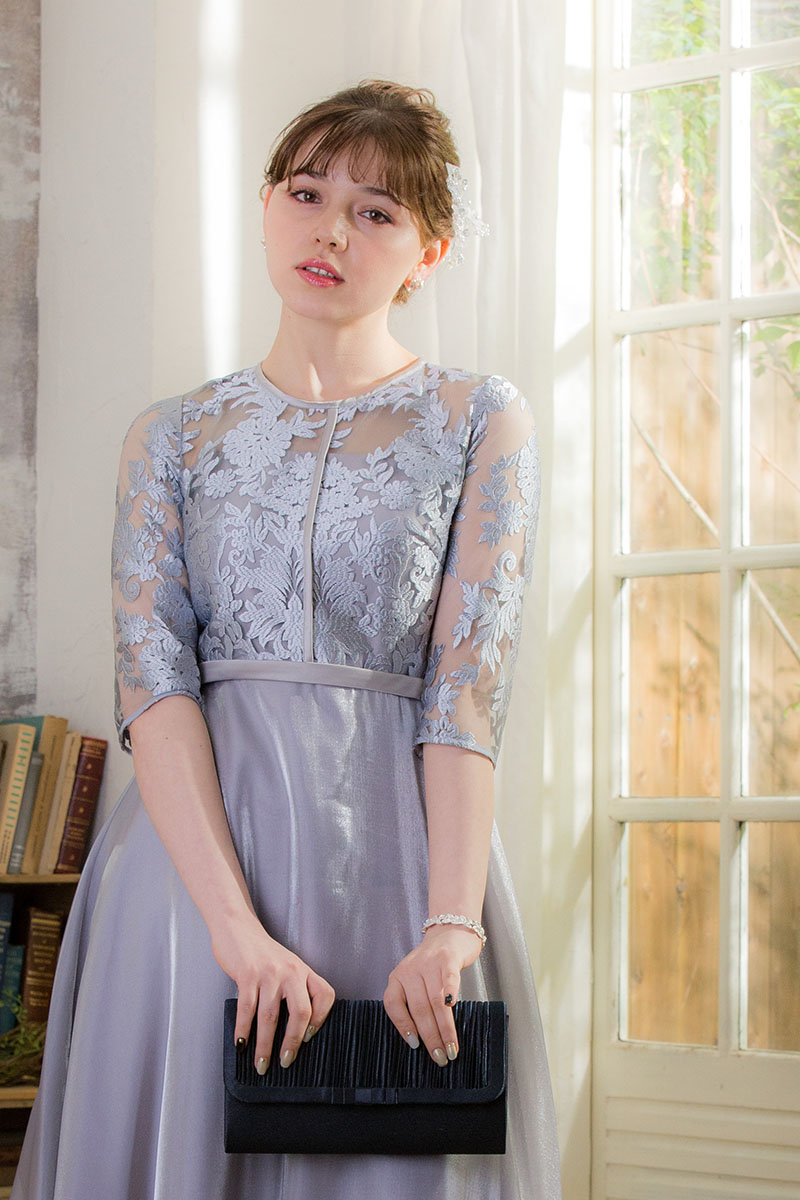 ブルーグレーのシャイニーオーガンジードレスの商品画像7