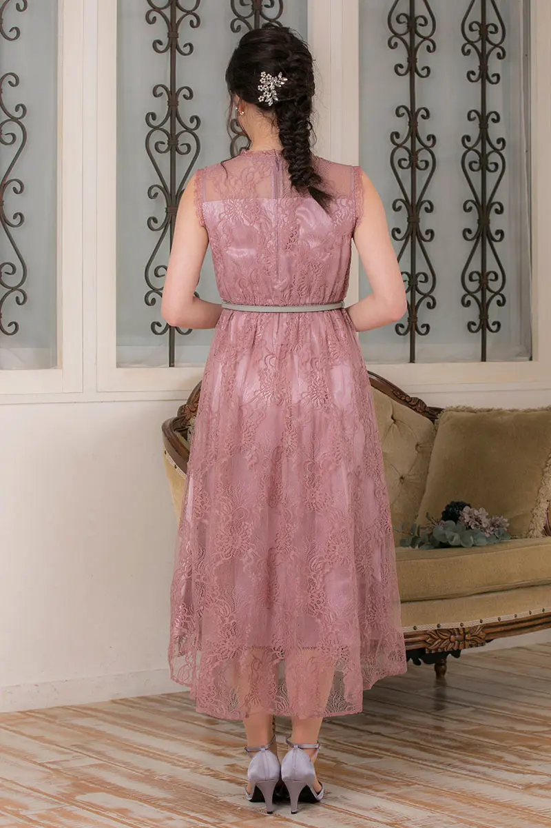 スモークピンクの総ラメレースドレス Dorry Doll M 結婚式パーティーのレンタルドレスはリリアージュ