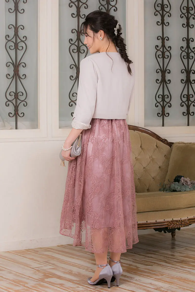 スモークピンクの総ラメレースドレス Dorry Doll M 結婚式パーティーのレンタルドレスはリリアージュ