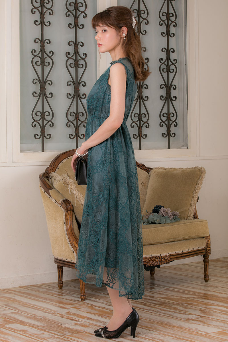 ダークグリーンの総ラメレースドレスの商品画像3
