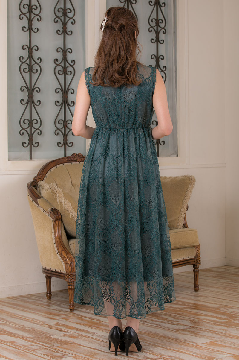 ダークグリーンの総ラメレースドレスの商品画像4