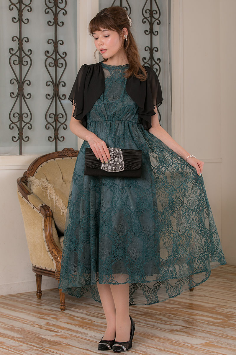 ダークグリーンの総ラメレースドレスの商品画像6