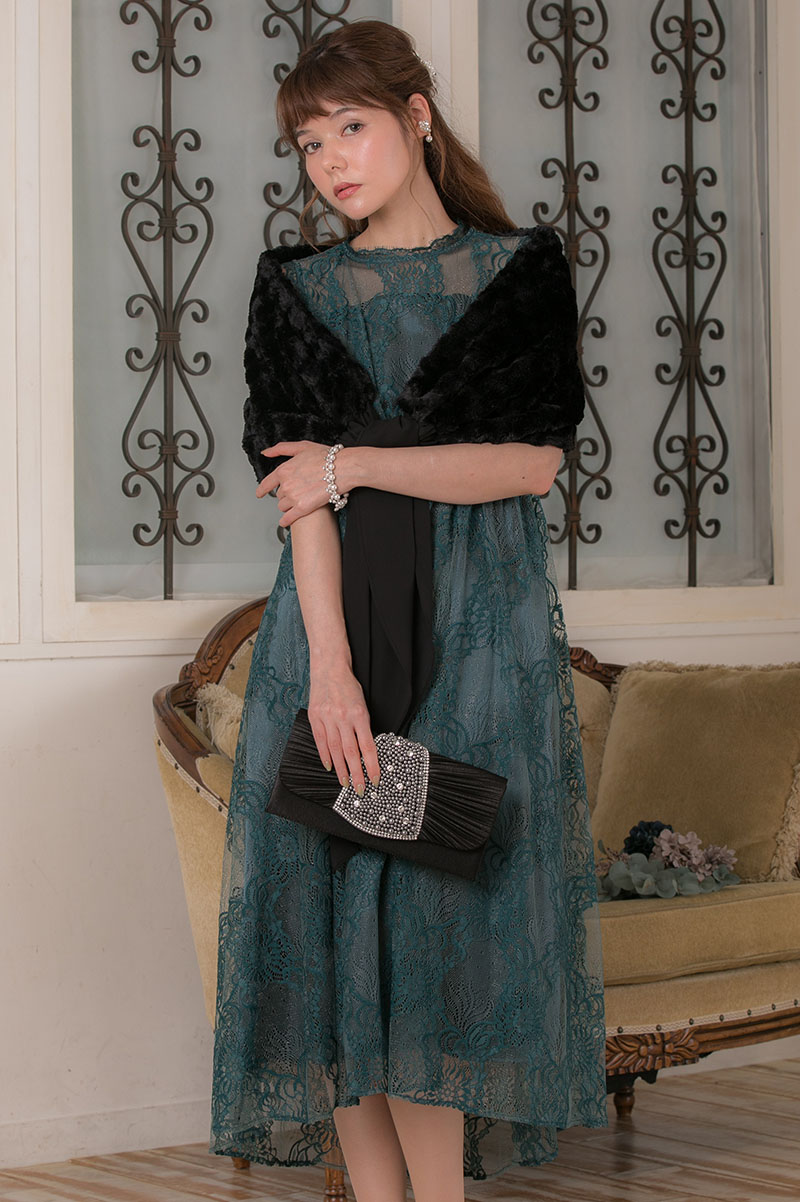 ダークグリーンの総ラメレースドレスの商品画像8
