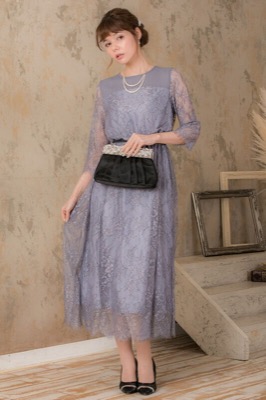 ブルーグレーの配色レースIラインドレスのサムネイル画像