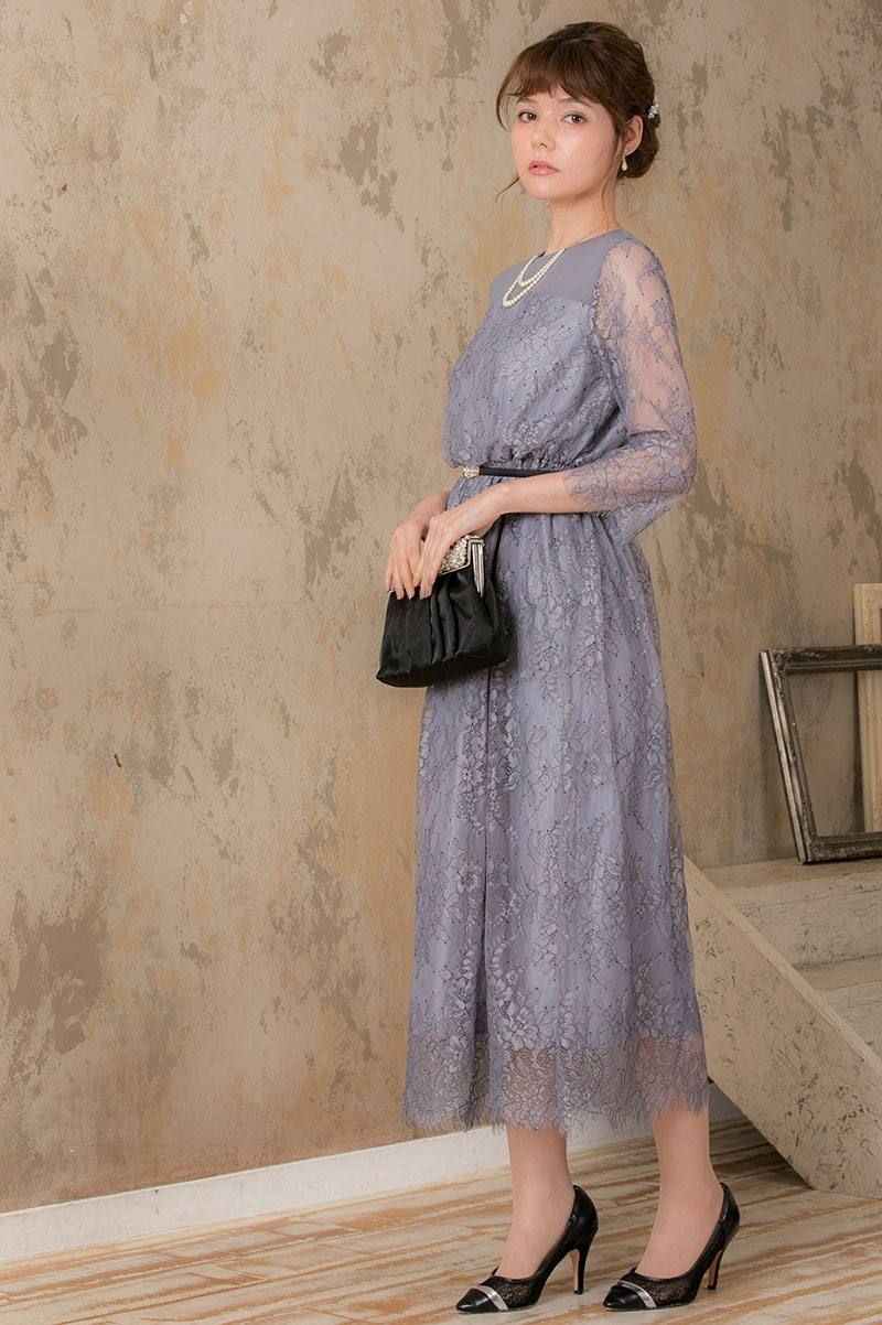 ブルーグレーの配色レースIラインドレスの商品画像6