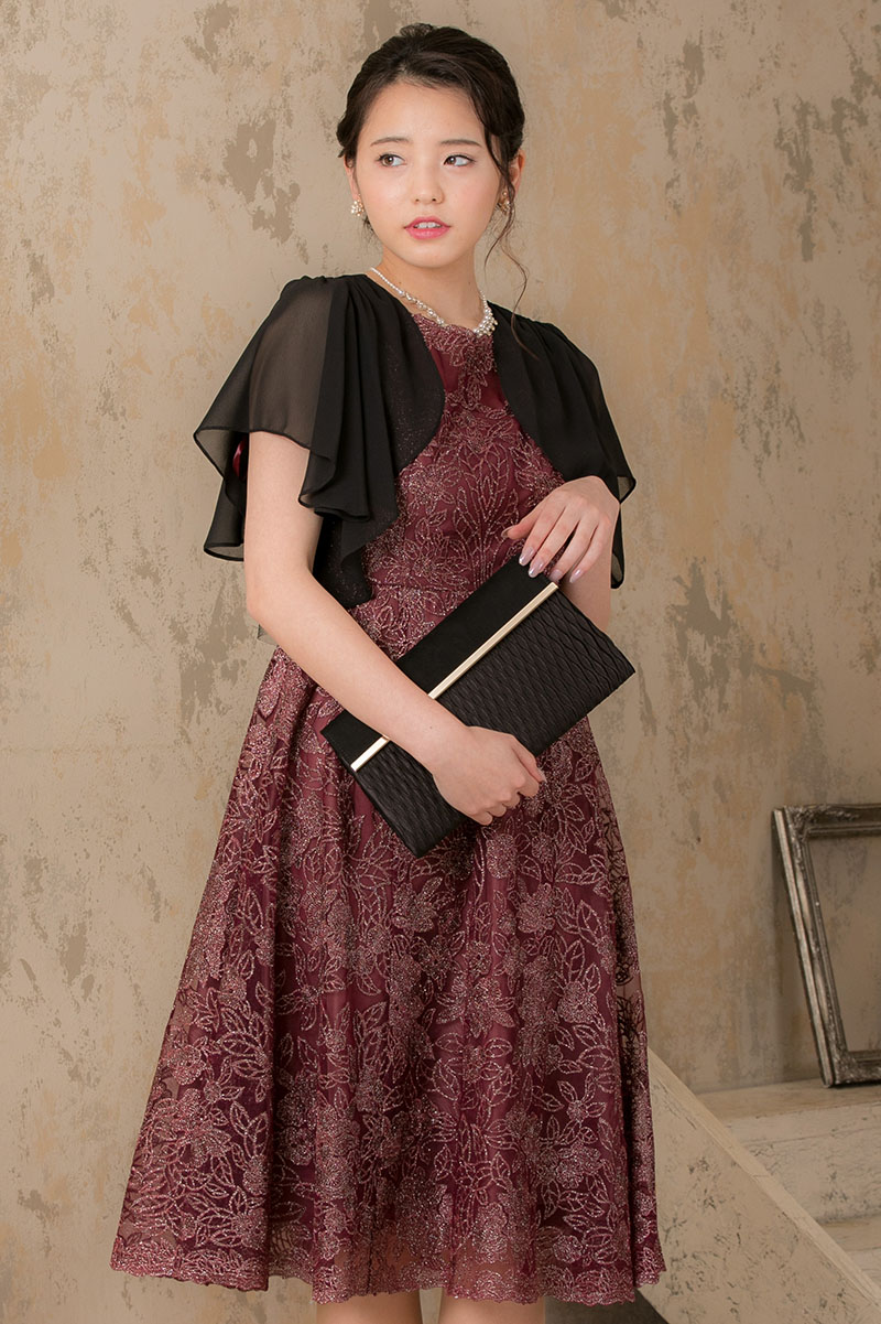 バーガンディのラメ刺繍レースドレスの商品画像7