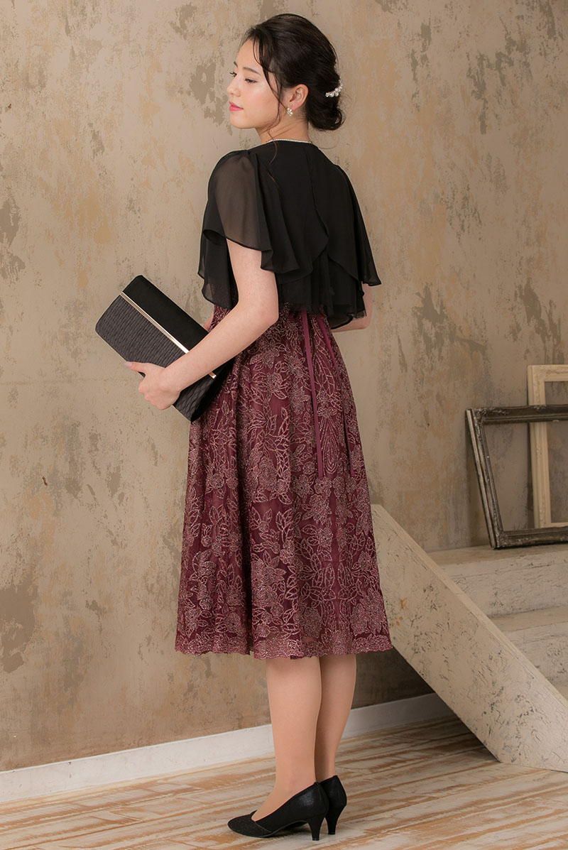 バーガンディのラメ刺繍レースドレスの商品画像8
