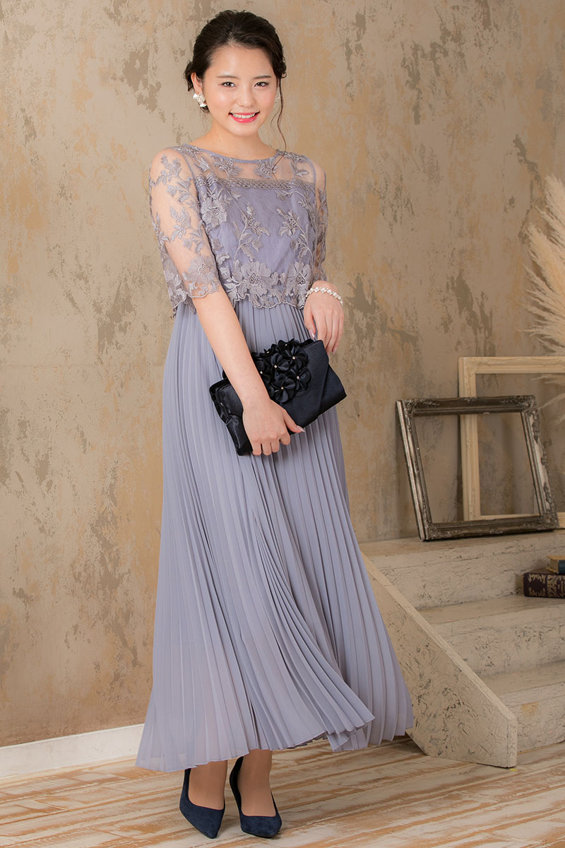 ブルーグレーの袖付きフラワーレースロングプリーツドレスの商品画像6