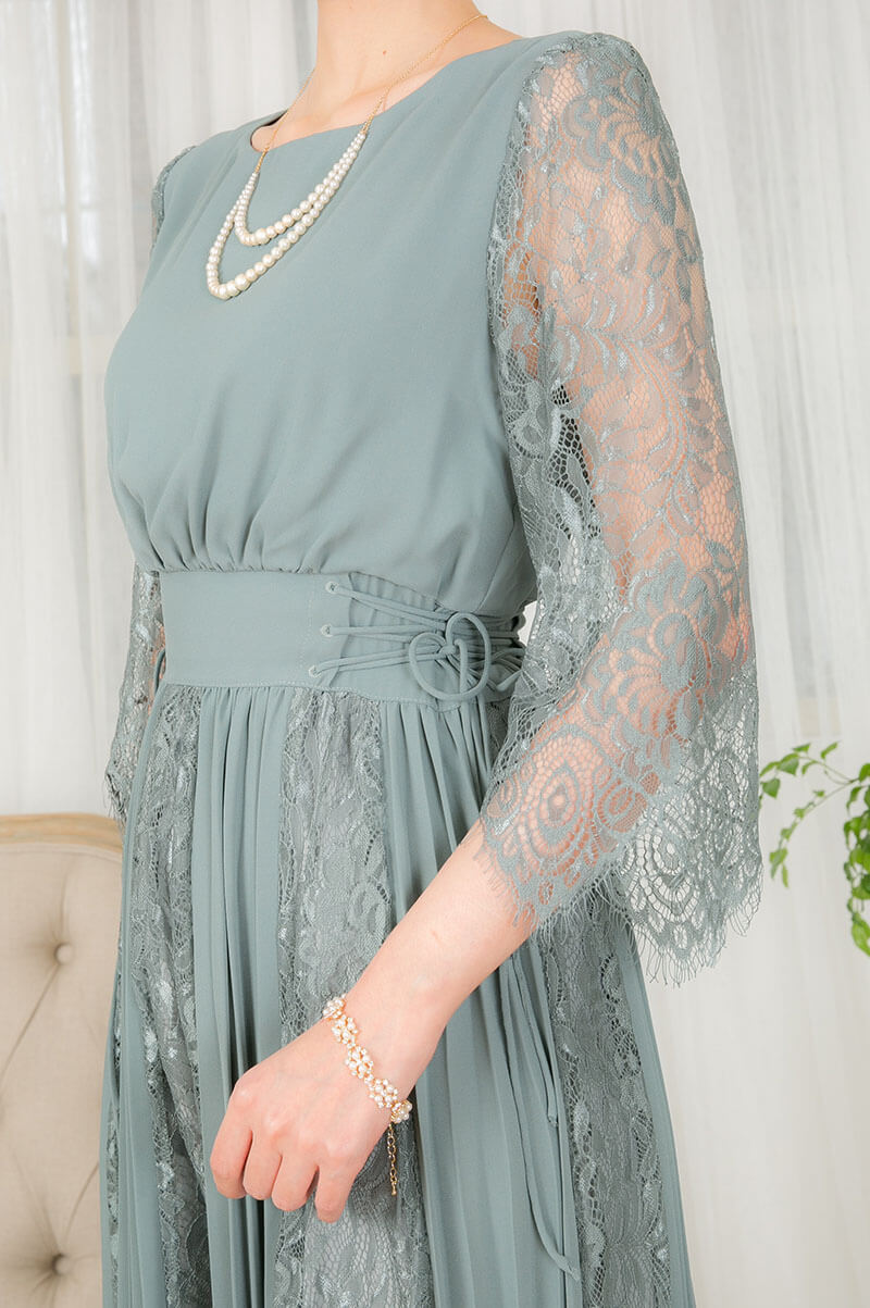 ミントの袖付きサイド編み上げレース×プリーツドレスの商品画像5