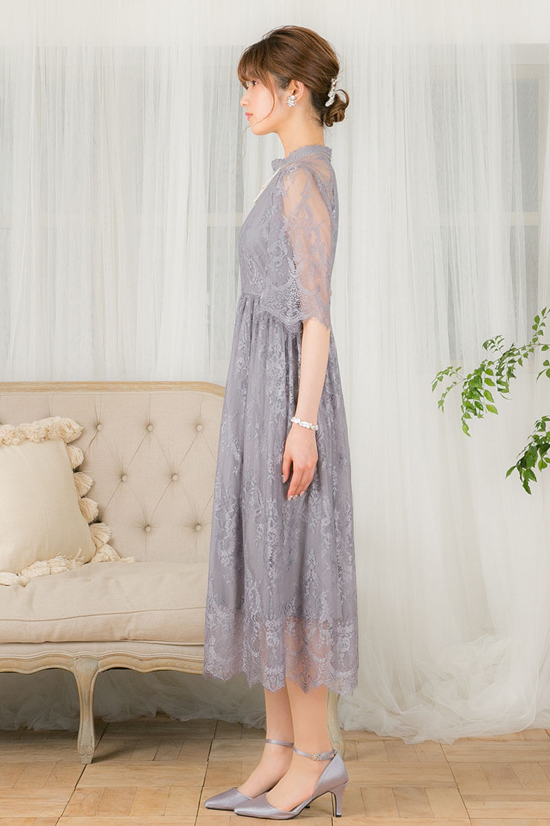 ブルーグレーのハイネック5分袖総レースドレスの商品画像3