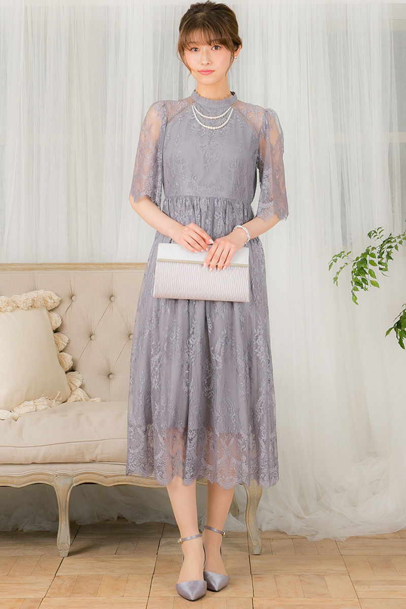 ブルーグレーのハイネック5分袖総レースドレスの商品画像6