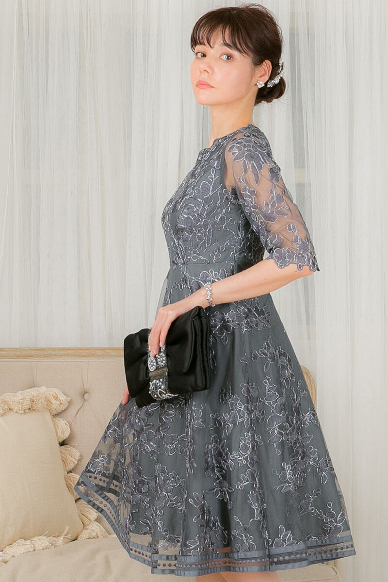 アーミーカーキのラメ入りフラワーレースドレスの商品画像7