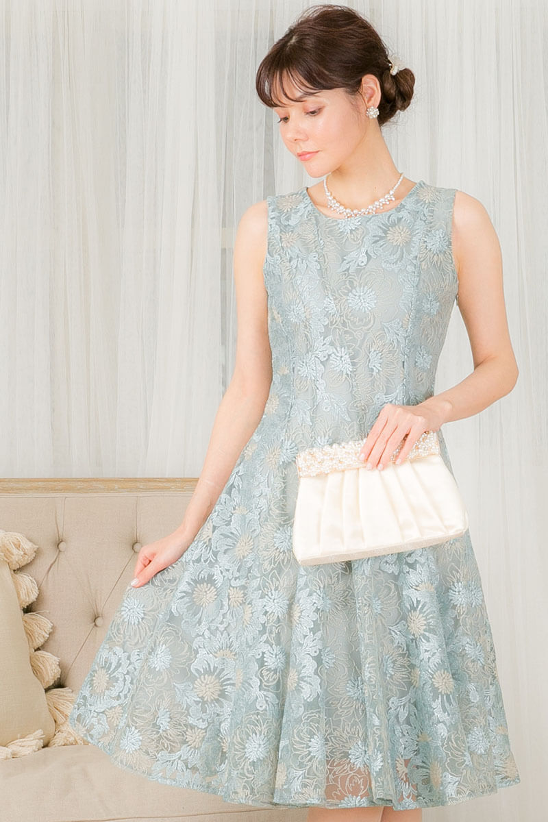 ミントのバイヤス切替フラワー刺繍ドレスの商品画像2