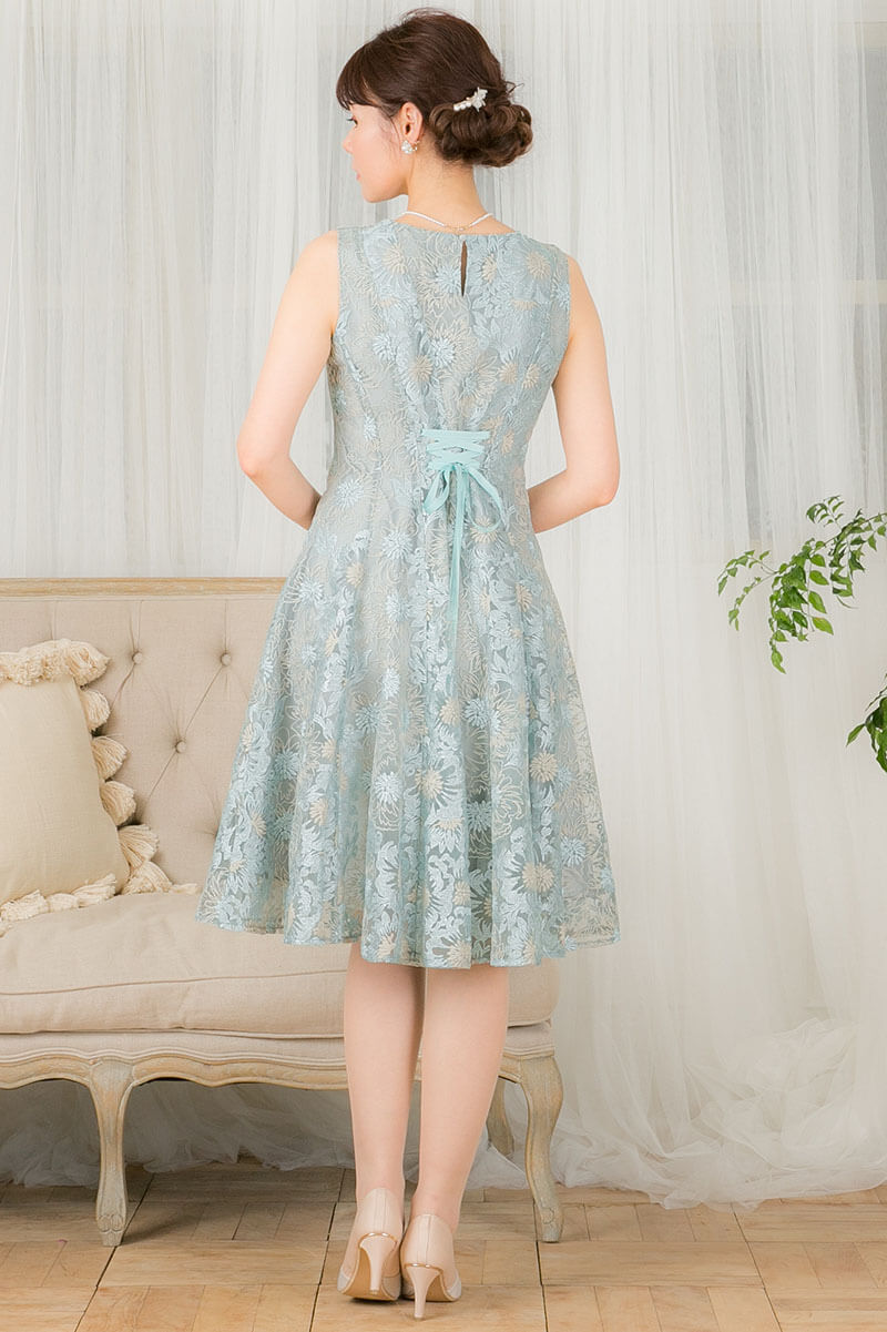 ミントのバイヤス切替フラワー刺繍ドレスの商品画像4