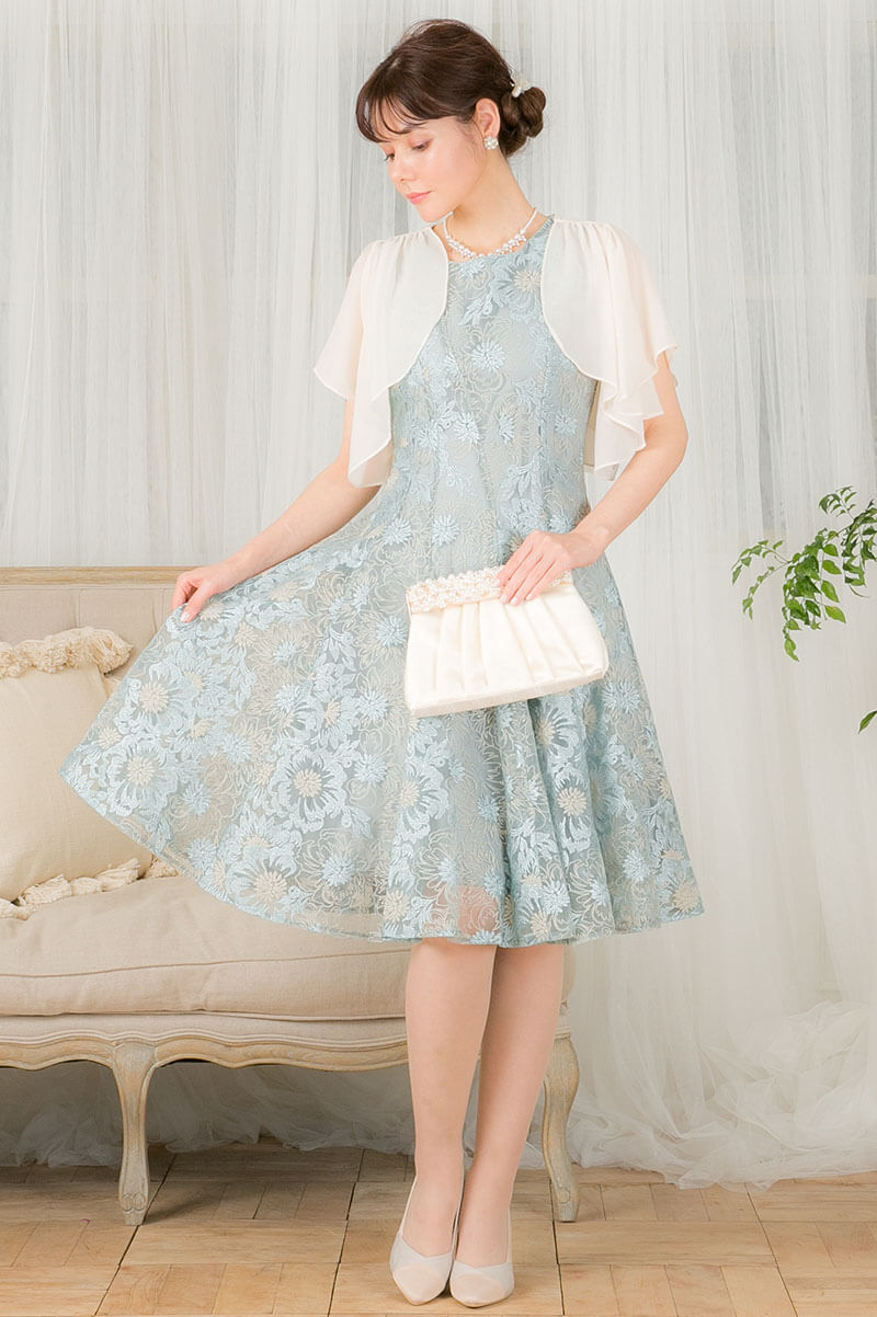 ミントのバイヤス切替フラワー刺繍ドレスの商品画像6