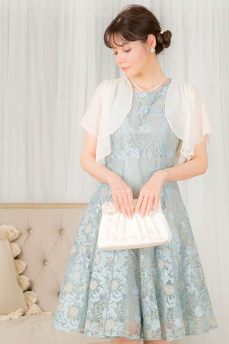 ミントのバイヤス切替フラワー刺繍ドレスの商品画像7