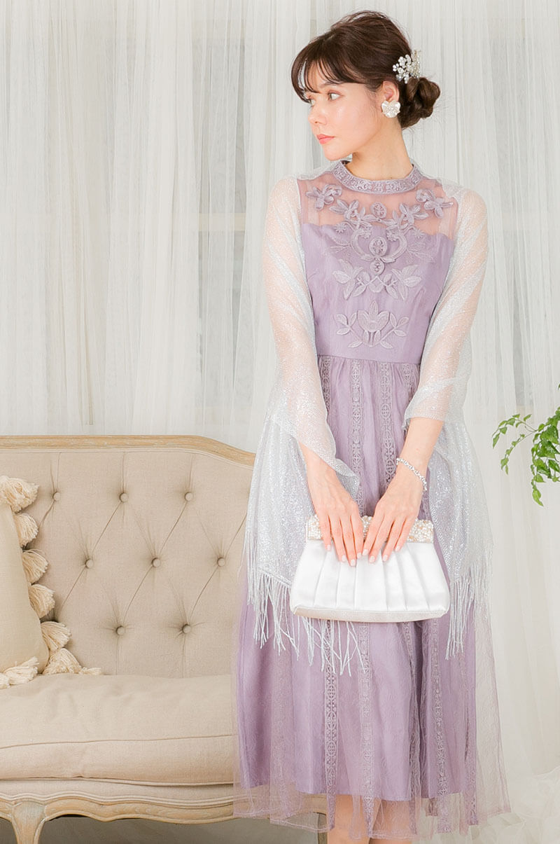ダークラベンダーの刺繍入りチュールストライプドレスの商品画像10