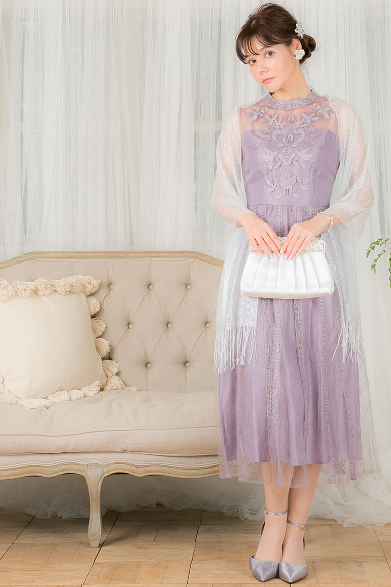 ダークラベンダーの刺繍入りチュールストライプドレスの商品画像7