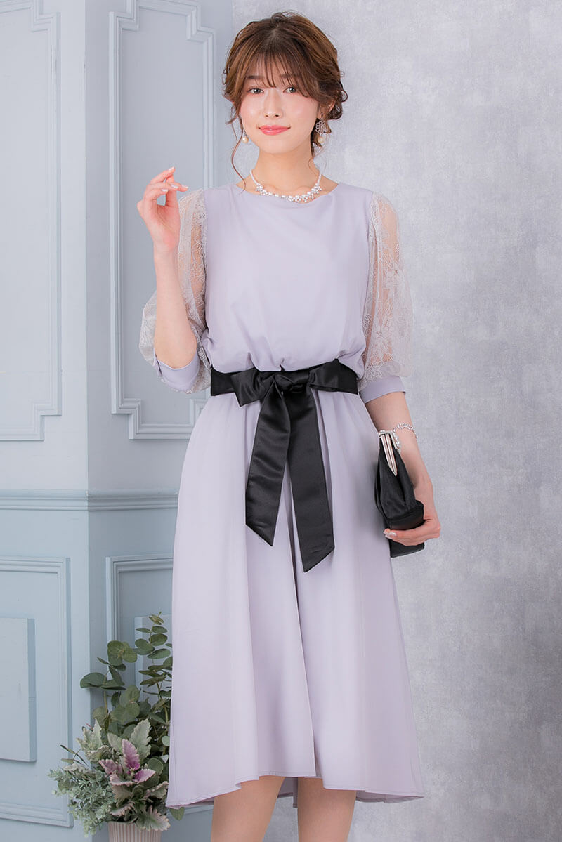 アイスグレーのリボン付きレース袖ドレスの商品画像7