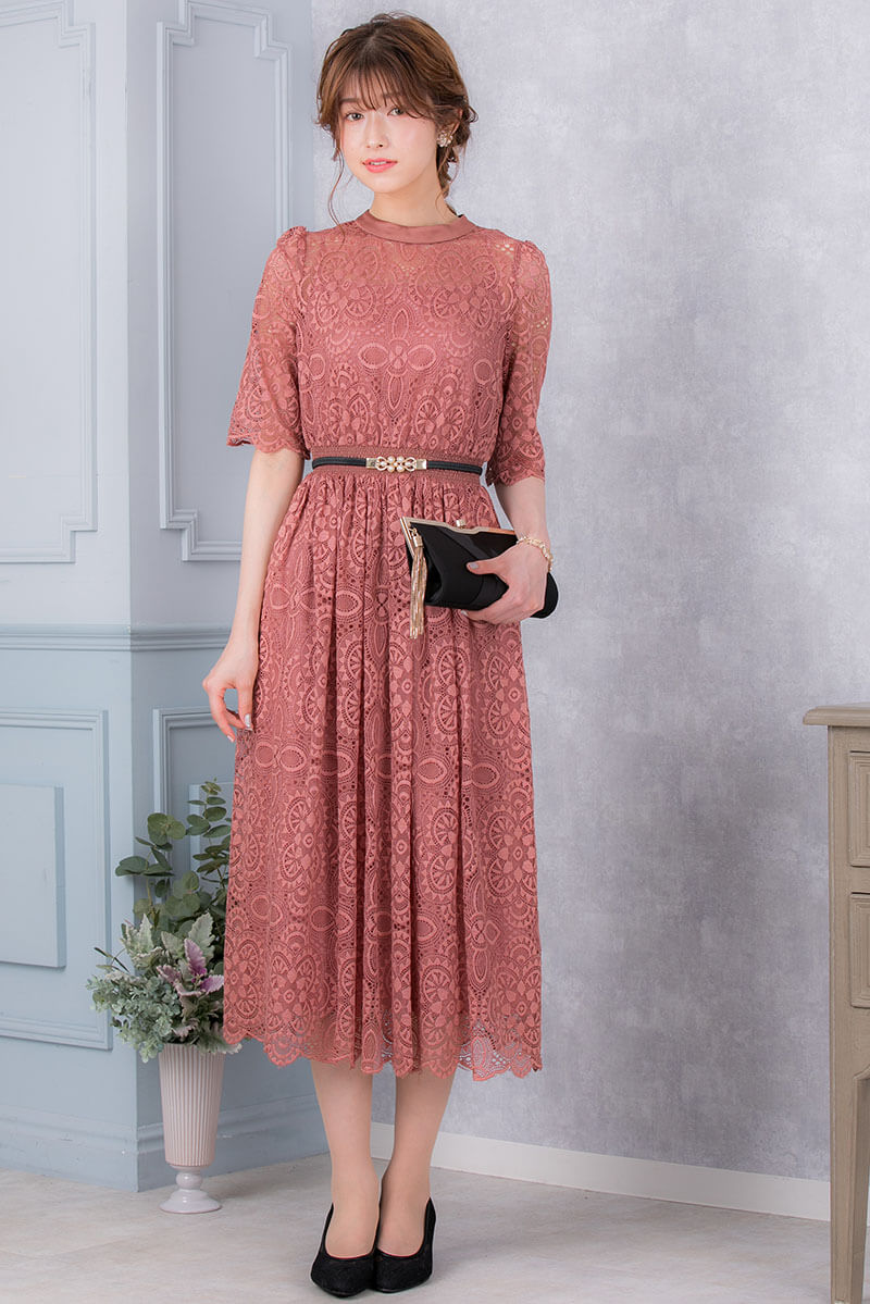 ダークピンクの袖つきヴィンテージレースドレスの商品画像1