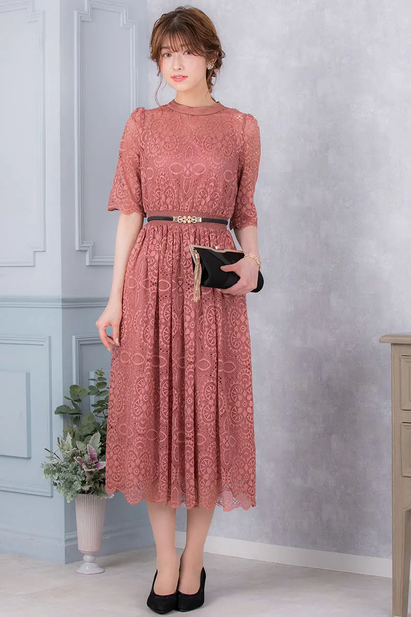 ダークピンクの袖つきヴィンテージレースドレス Dorry Doll L 結婚式パーティーのレンタルドレスはリリアージュ