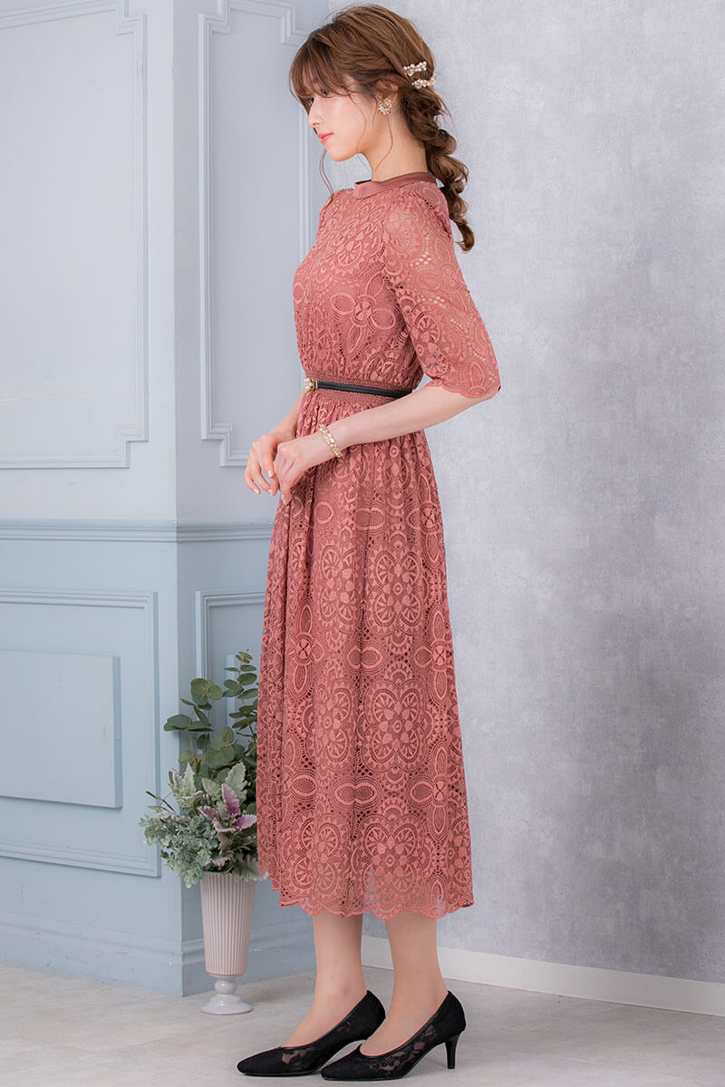 ダークピンクの袖つきヴィンテージレースドレスの商品画像3