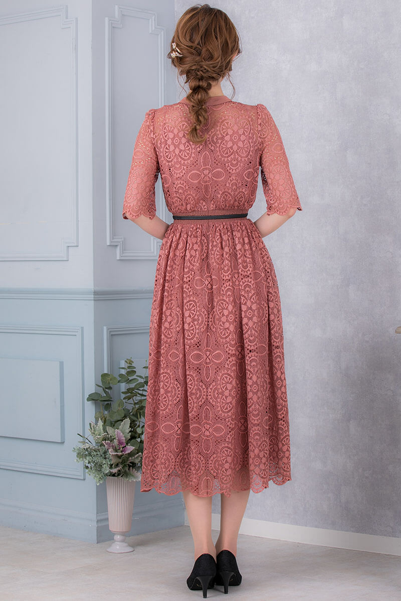ダークピンクの袖つきヴィンテージレースドレスの商品画像4