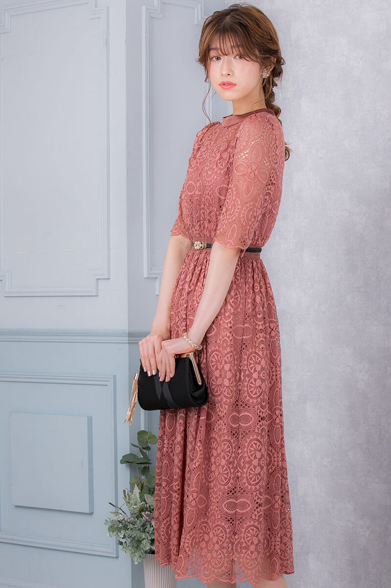 ダークピンクの袖つきヴィンテージレースドレスの商品画像2