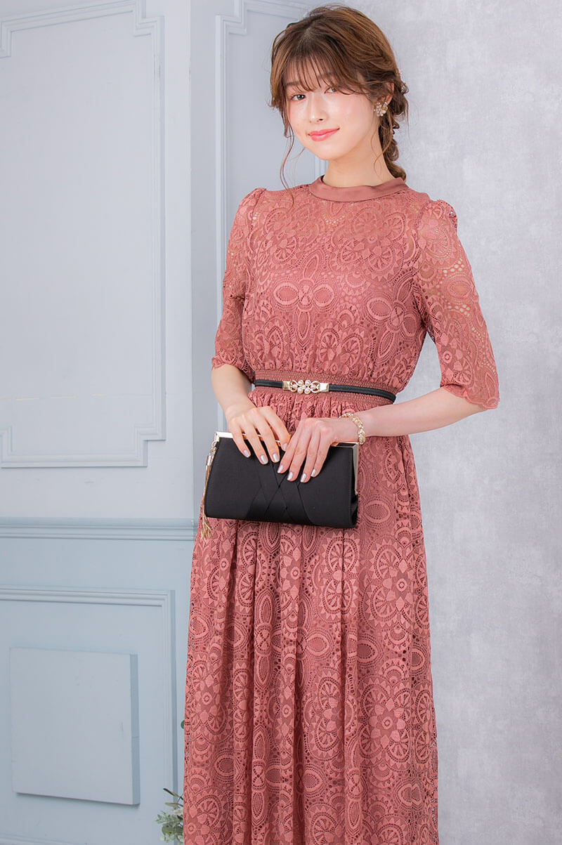 ダークピンクの袖つきヴィンテージレースドレスの商品画像6